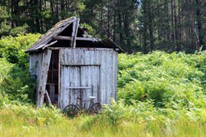 A wooden shed with old bicycle leaning up by the door