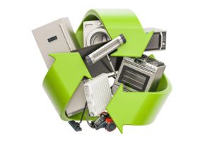 Green recycle symbol with household appliances, 3D rendering
